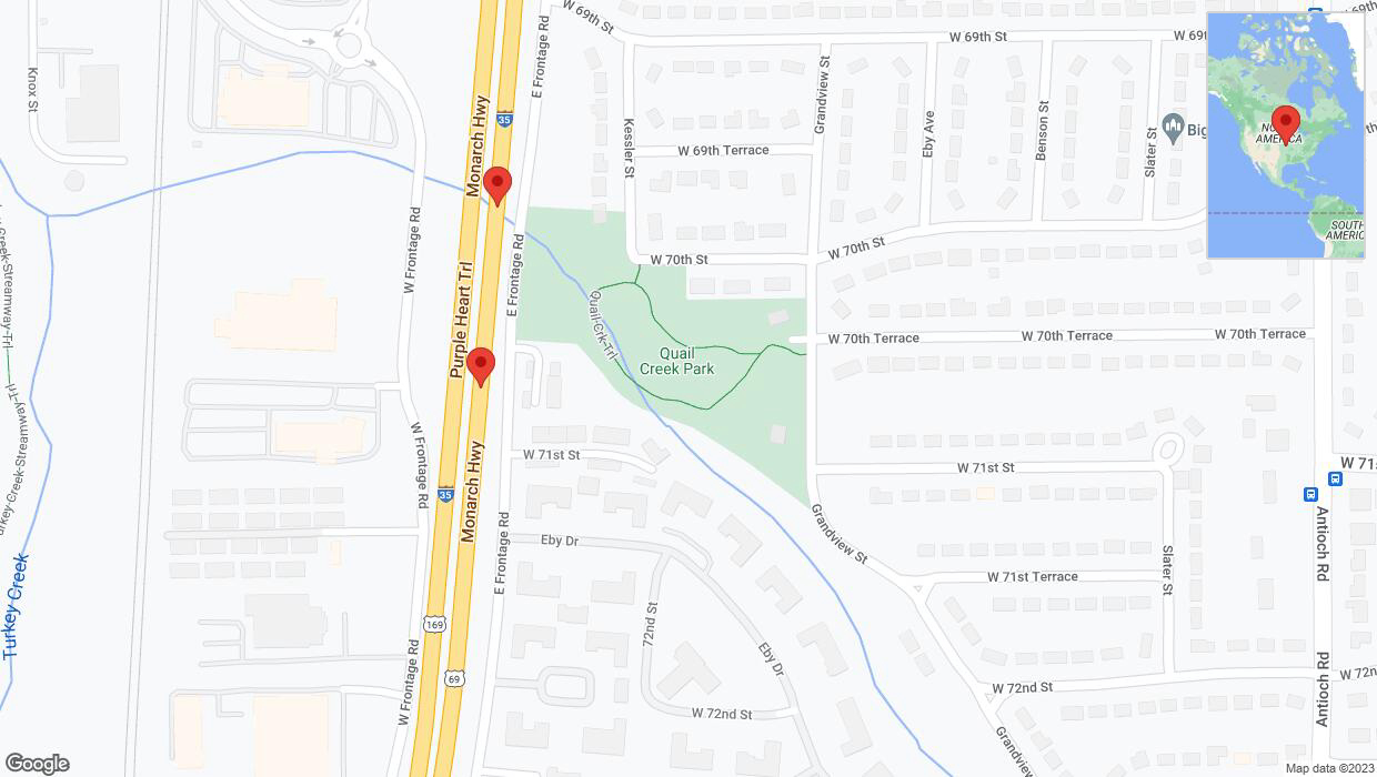 A detailed map that shows the affected road due to 'Broken down vehicle on eastbound I-35 in Merriam' on September 29th at 5:32 p.m.