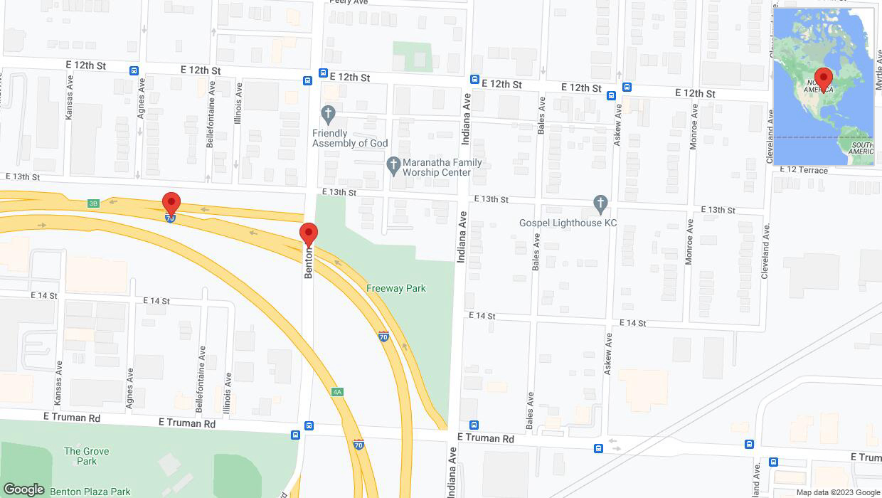 A detailed map that shows the affected road due to 'Broken down vehicle on Benton Boulevard in Kansas City' on September 29th at 7:33 p.m.