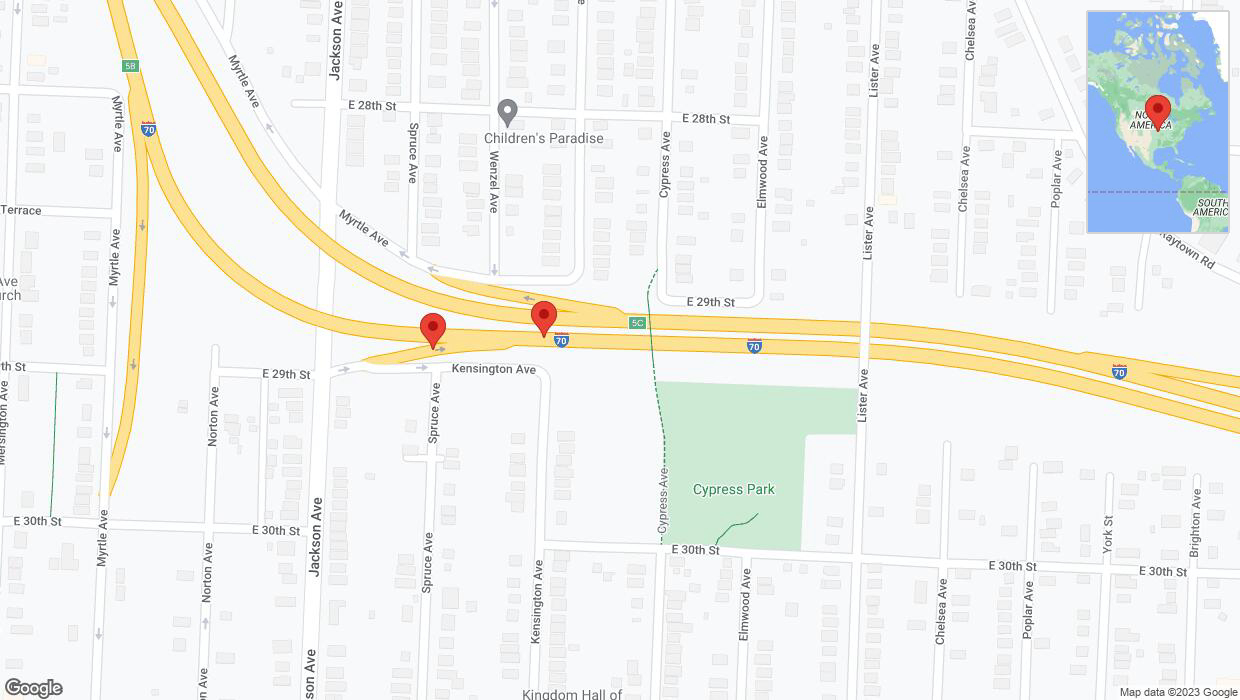 A detailed map that shows the affected road due to 'Broken down vehicle on Spruce Avenue in Kansas City' on September 29th at 8:21 p.m.