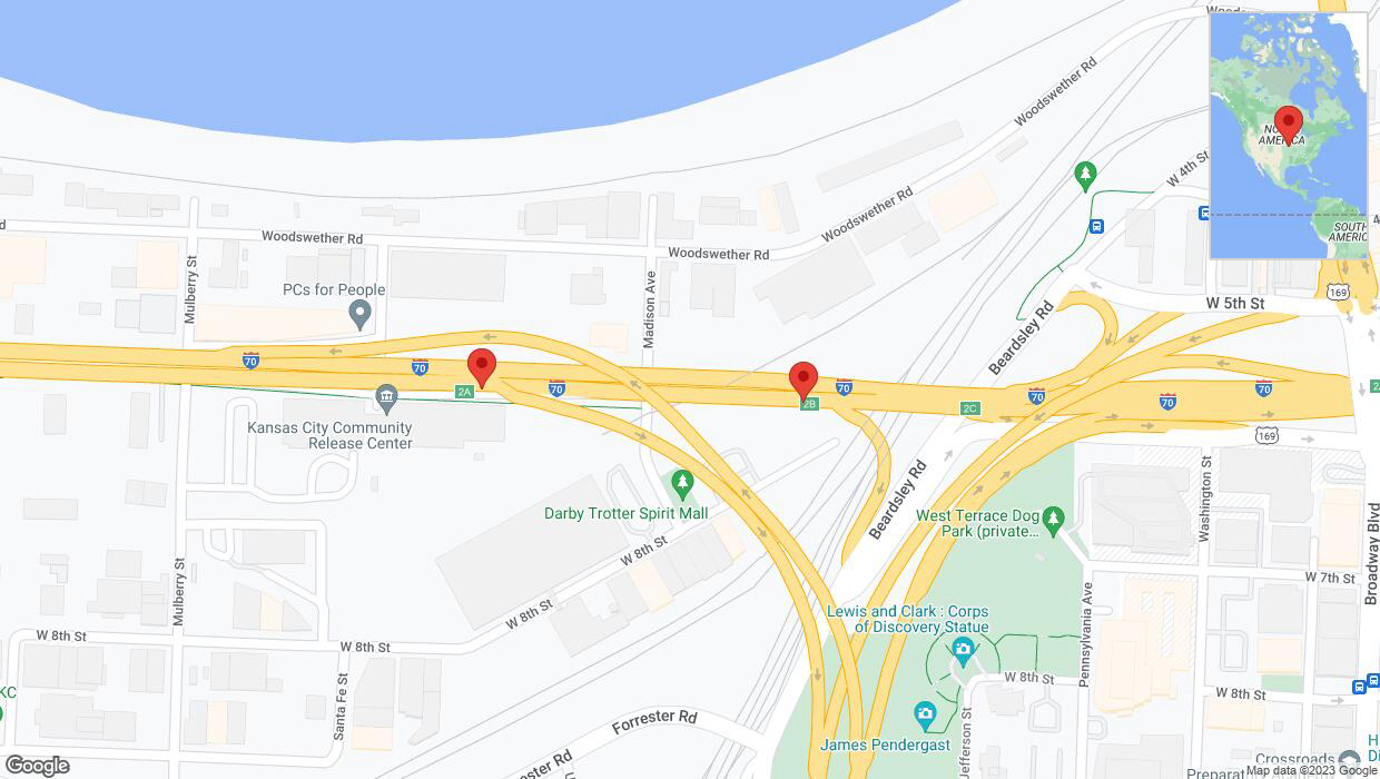 A detailed map that shows the affected road due to 'I-70: bridge closed between Third Street/James St/Exit 423 and I-35/Beardsley Road/Exit 2' on September 29th at 11:09 p.m.