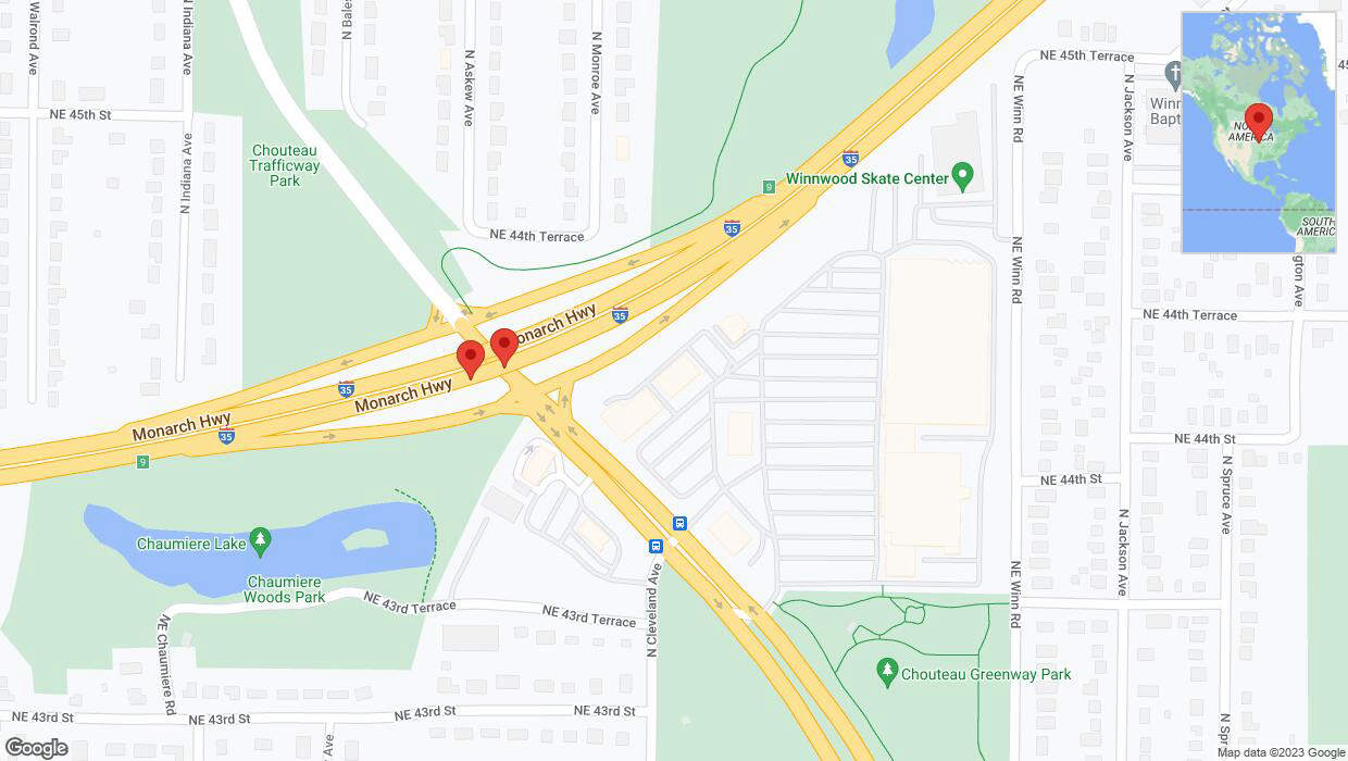 A detailed map that shows the affected road due to 'Broken down vehicle on northbound I-35 in Kansas City' on September 30th at 2:21 p.m.