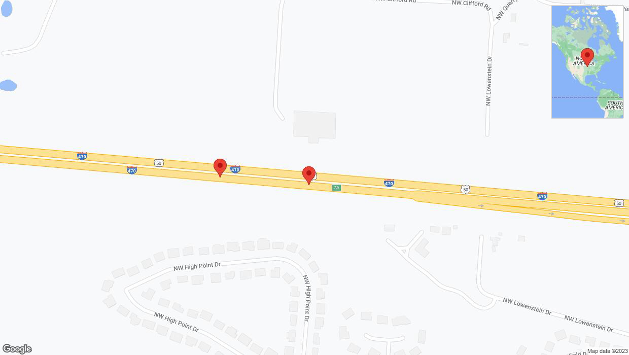 A detailed map that shows the affected road due to 'Broken down vehicle on eastbound I-470 in Lee's Summit' on September 30th at 6:15 p.m.