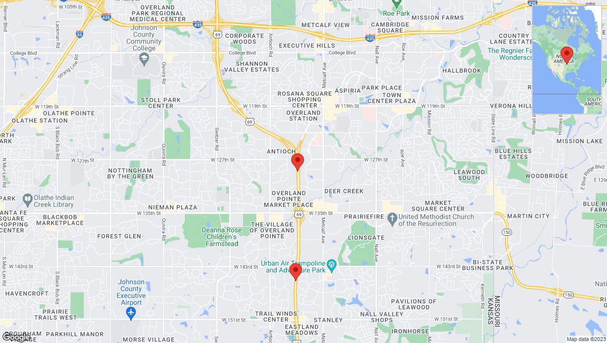A detailed map that shows the affected road due to 'Lane on US-69 closed in Overland Park' on September 30th at 6:15 p.m.
