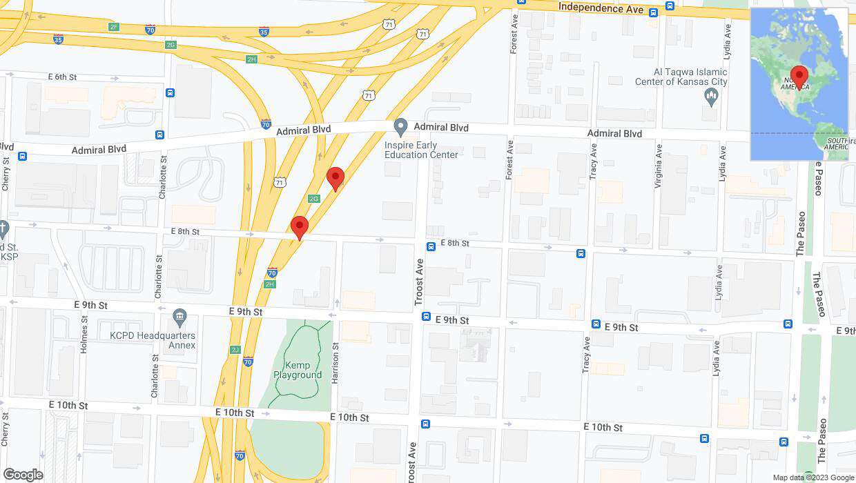 A detailed map that shows the affected road due to 'Broken down vehicle on East 9th Street in Kansas City' on September 30th at 8:03 p.m.