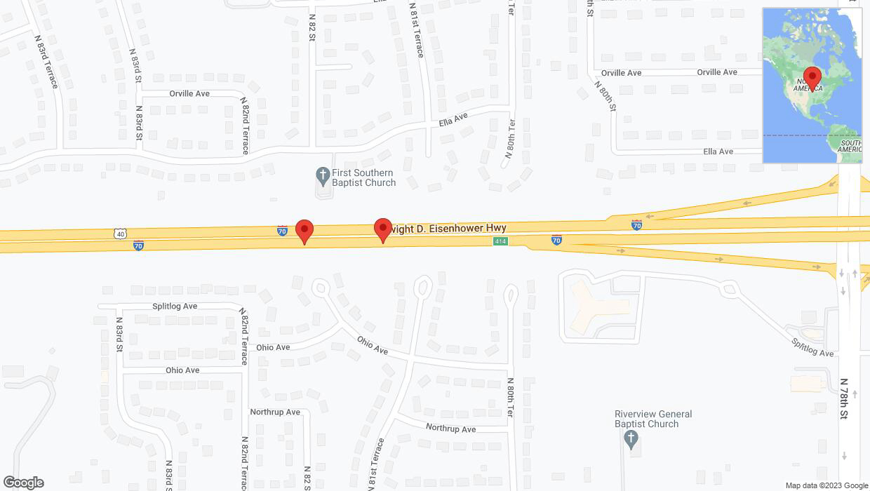 A detailed map that shows the affected road due to 'Broken down vehicle on eastbound I-70 in Kansas City' on September 30th at 8:39 p.m.