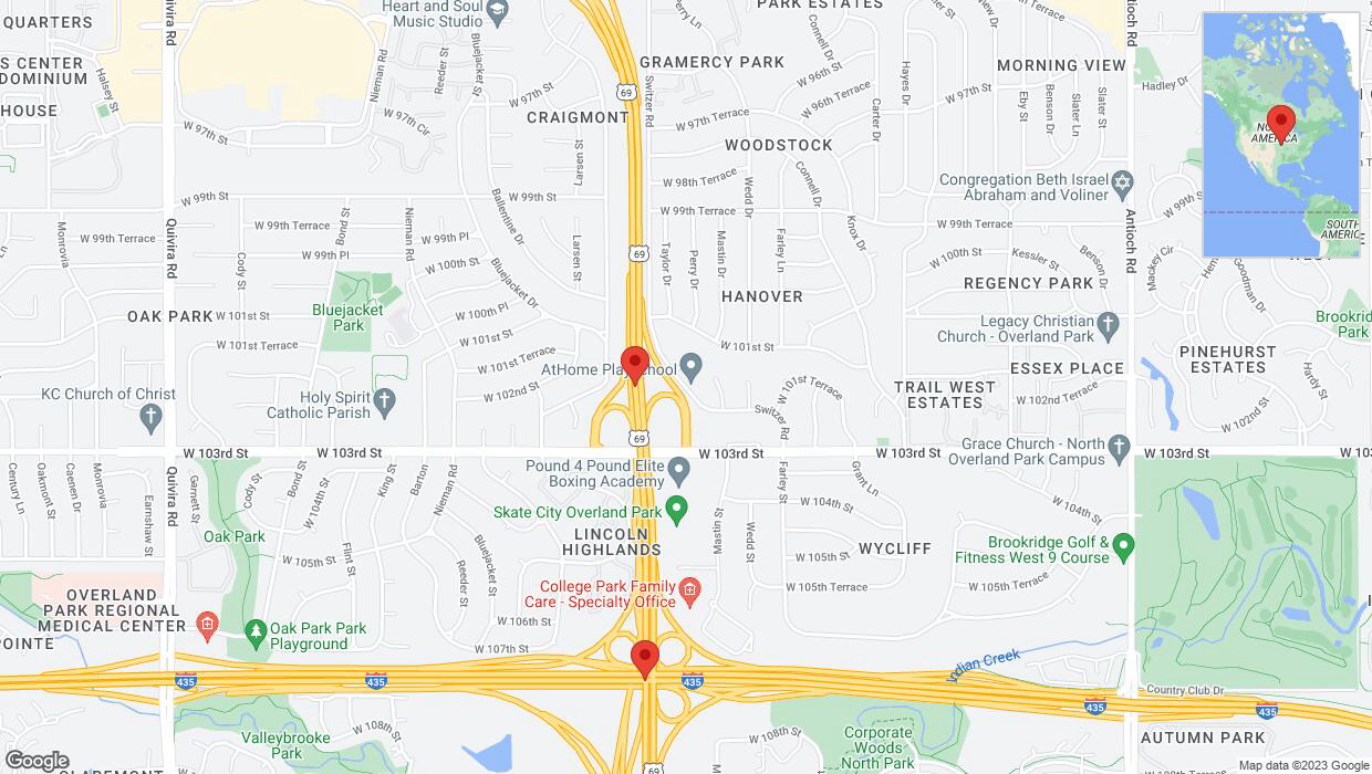 A detailed map that shows the affected road due to 'Lane on US-69 closed in Overland Park' on September 30th at 9:15 p.m.
