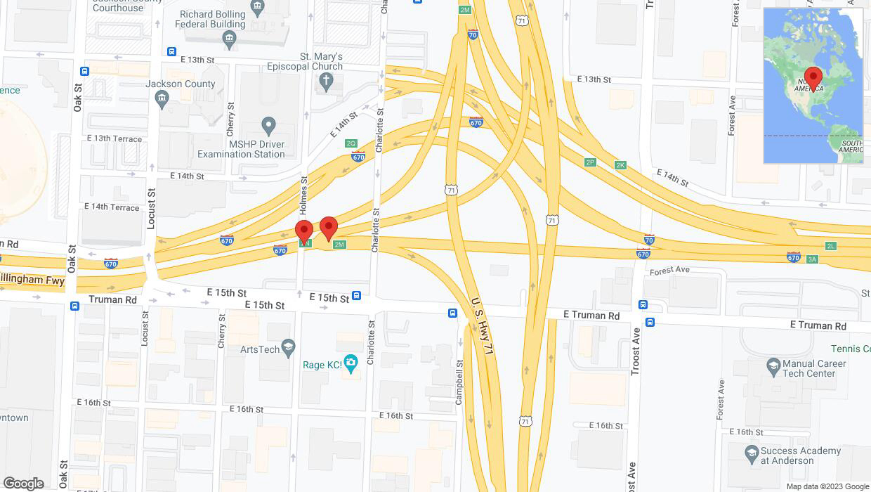 A detailed map that shows the affected road due to 'Broken down vehicle on eastbound I-670 in Kansas City' on September 30th at 11:09 p.m.