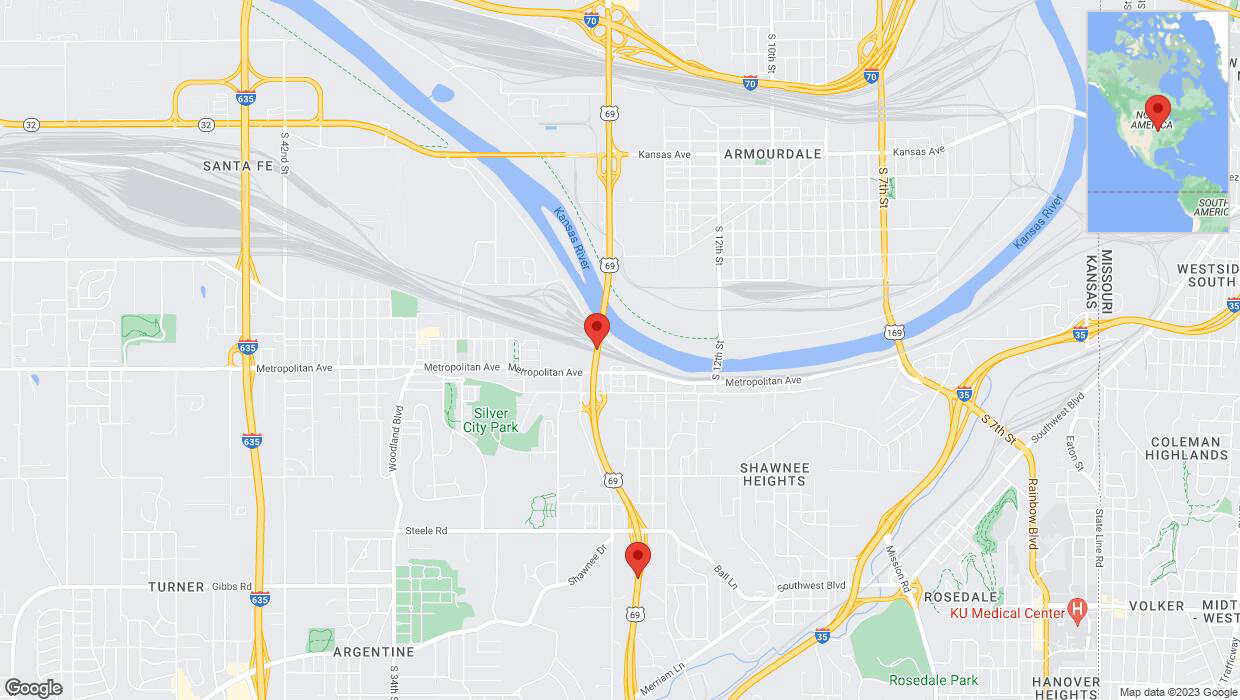 A detailed map that shows the affected road due to 'Lane on US-69 closed in Kansas City' on September 30th at 11:15 p.m.