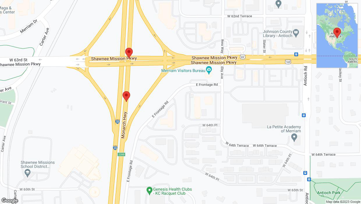 A detailed map that shows the affected road due to 'Broken down vehicle on northbound I-35 in Merriam' on September 30th at 11:27 p.m.