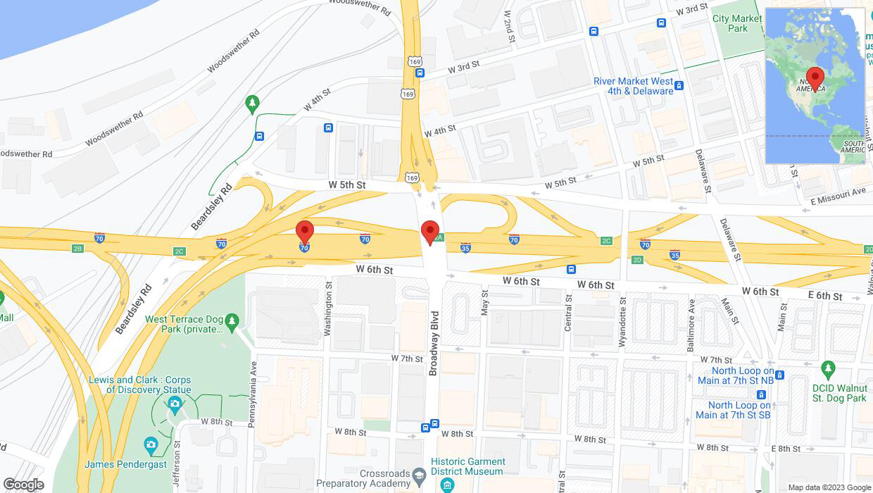 A detailed map that shows the affected road due to 'Broken down vehicle on eastbound I-70 in Kansas City' on September 30th at 11:27 p.m.