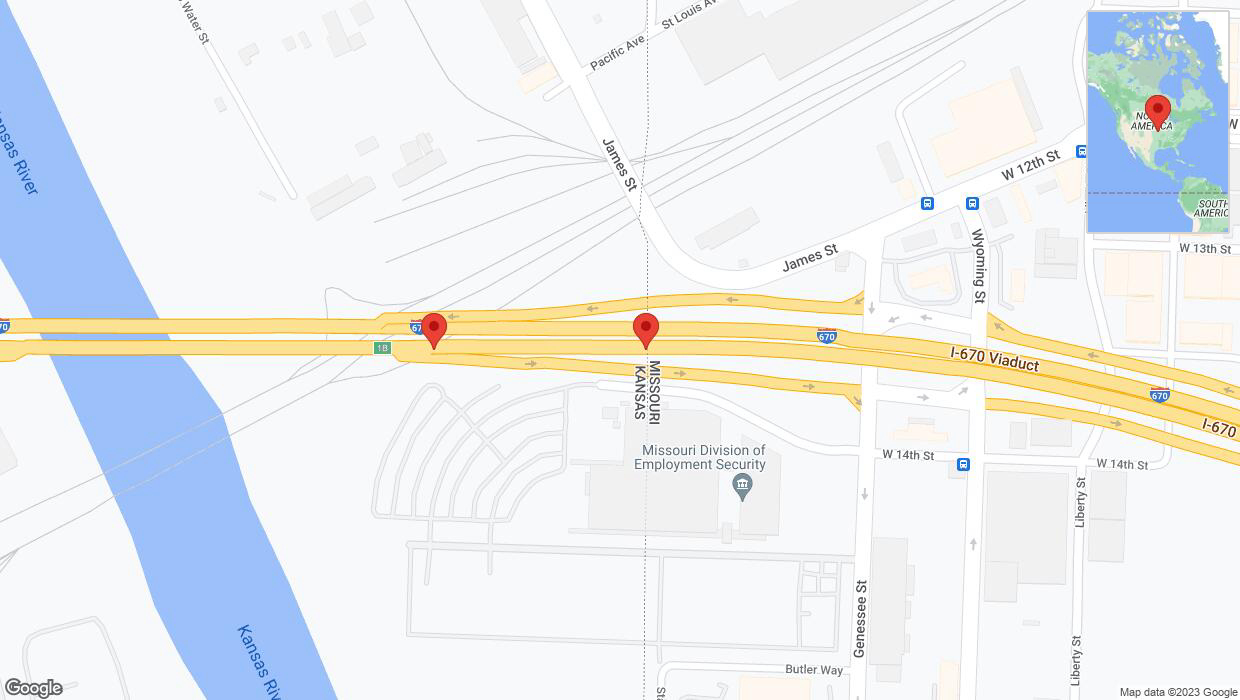 A detailed map that shows the affected road due to 'Broken down vehicle on eastbound I-670 in Kansas City' on October 1st at 12:27 p.m.