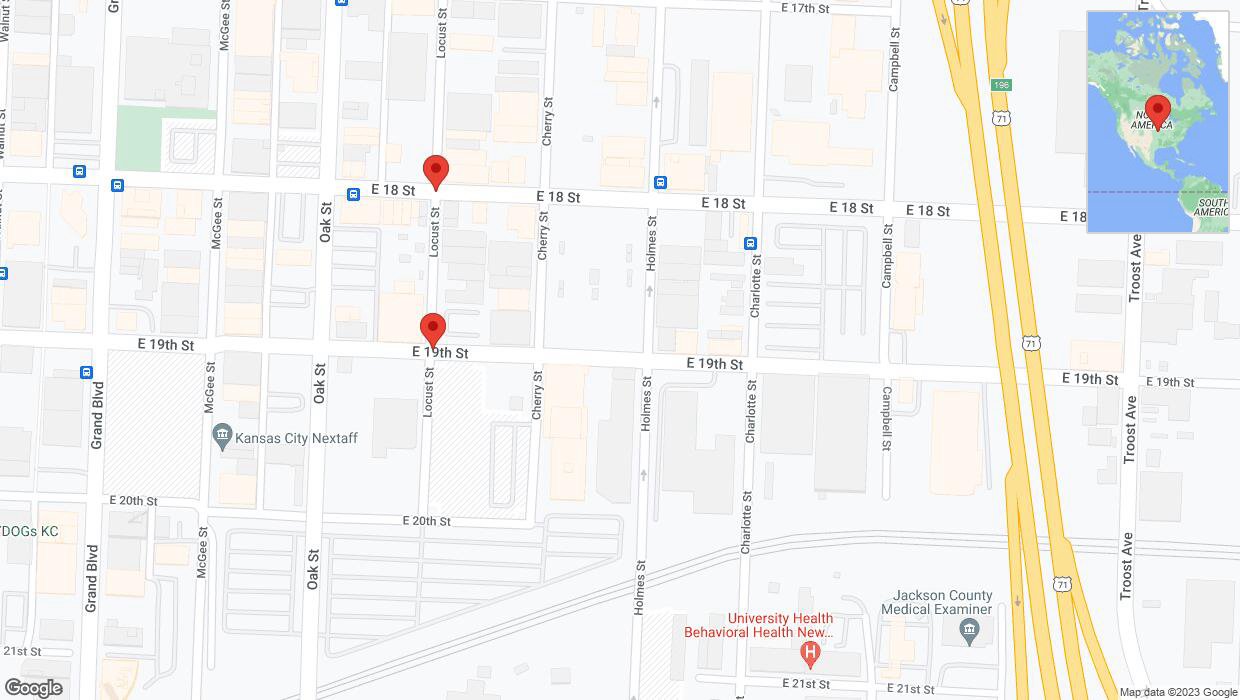 A detailed map that shows the affected road due to 'Locust Street closed in Kansas City' on October 1st at 12:51 p.m.