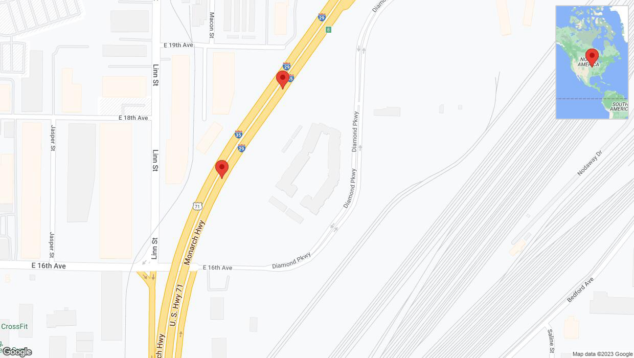 A detailed map that shows the affected road due to 'Broken down vehicle on northbound I-29/I-35 in North Kansas City' on October 1st at 2:33 p.m.