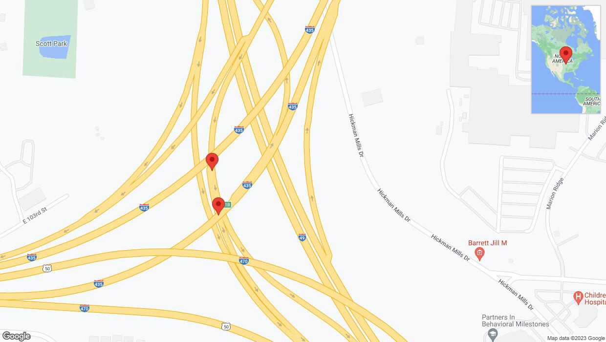A detailed map that shows the affected road due to 'Broken down vehicle on Interstate 435 in Kansas City' on October 1st at 3:27 p.m.
