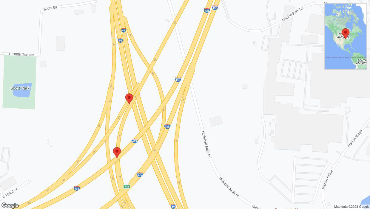 A detailed map that shows the affected road due to 'Broken down vehicle on the U. S. Highway 71 in Kansas City' on October 1st at 7:21 p.m.