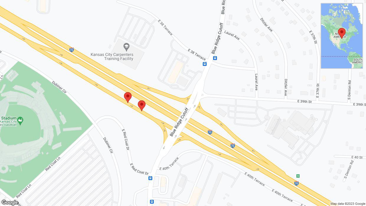 A detailed map that shows the affected road due to 'Broken down vehicle on Red Coat Lane in Kansas City' on October 1st at 9:57 p.m.