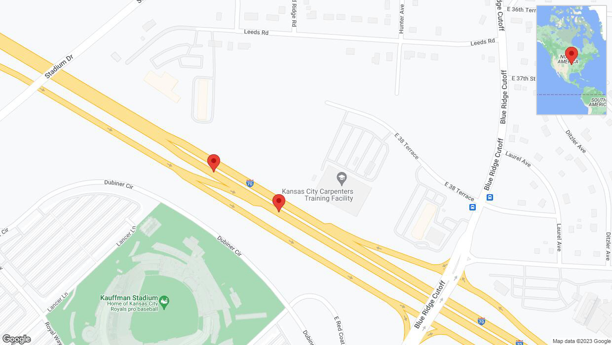 A detailed map that shows the affected road due to 'Broken down vehicle on eastbound I-70 in Kansas City' on October 1st at 9:09 p.m.