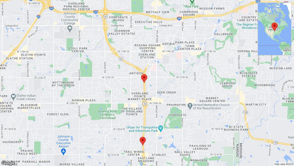 A detailed map that shows the affected road due to 'Lane on US-69 closed in Overland Park' on October 1st at 10:21 p.m.