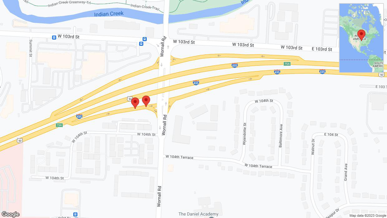 A detailed map that shows the affected road due to 'Broken down vehicle on West 104th Street in Kansas City' on October 2nd at 1:26 p.m.