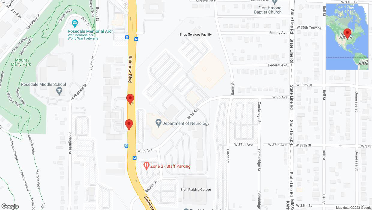 A detailed map that shows the affected road due to 'Lane on Rainbow Boulevard/US-169 closed in Kansas City' on October 4th at 2:14 p.m.