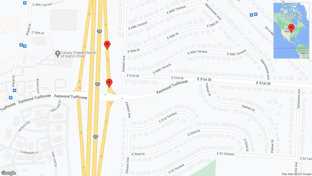 A detailed map that shows the affected road due to 'Broken down vehicle on Eastern Avenue in Kansas City' on October 2nd at 12:50 p.m.
