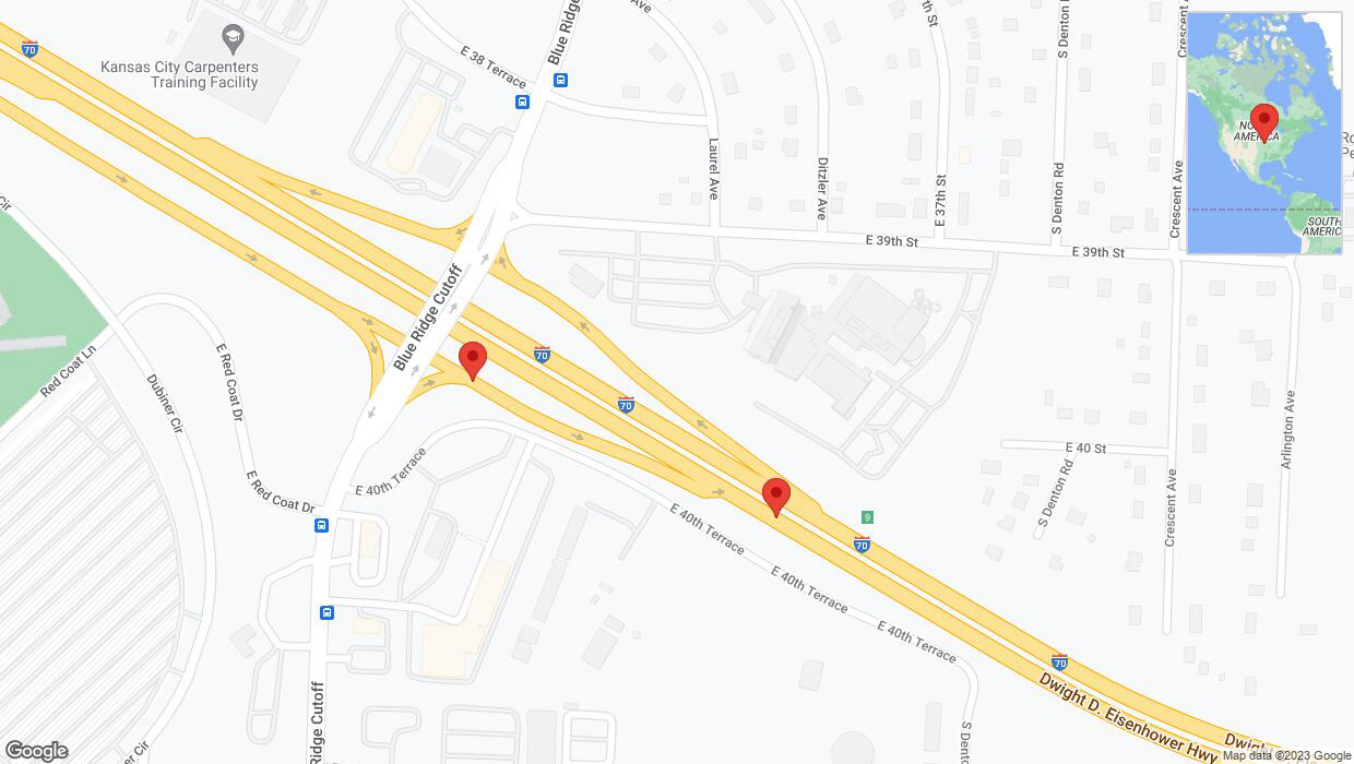 A detailed map that shows the affected road due to 'Broken down vehicle on East 40th Terrace in Kansas City' on October 2nd at 4:02 p.m.