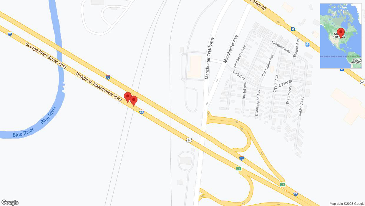 A detailed map that shows the affected road due to 'Broken down vehicle on eastbound I-70 in Kansas City' on October 2nd at 4:02 p.m.