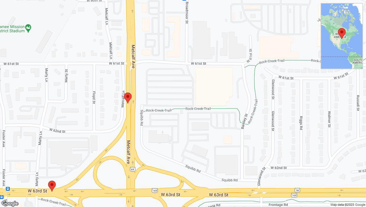 A detailed map that shows the affected road due to 'Overland Park: US-69 South temporarily closed' on October 2nd at 11:14 p.m.