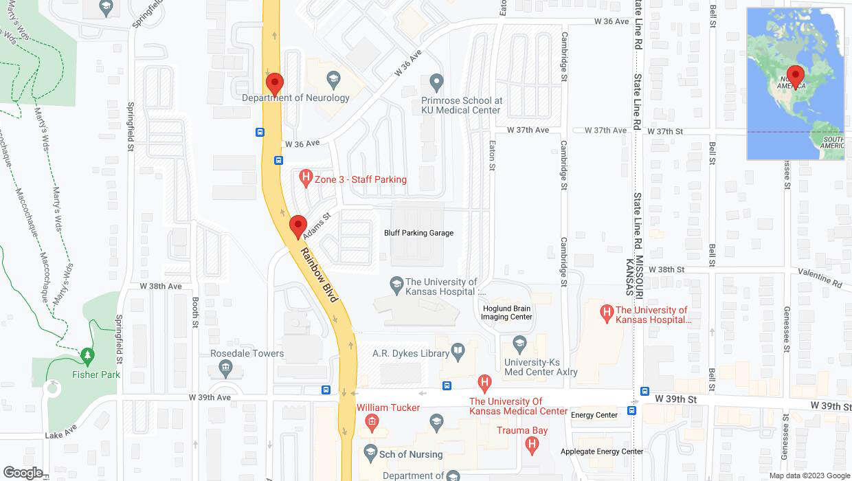 A detailed map that shows the affected road due to 'Lane on Rainbow Boulevard/US-169 closed in Kansas City' on October 4th at 4:14 p.m.