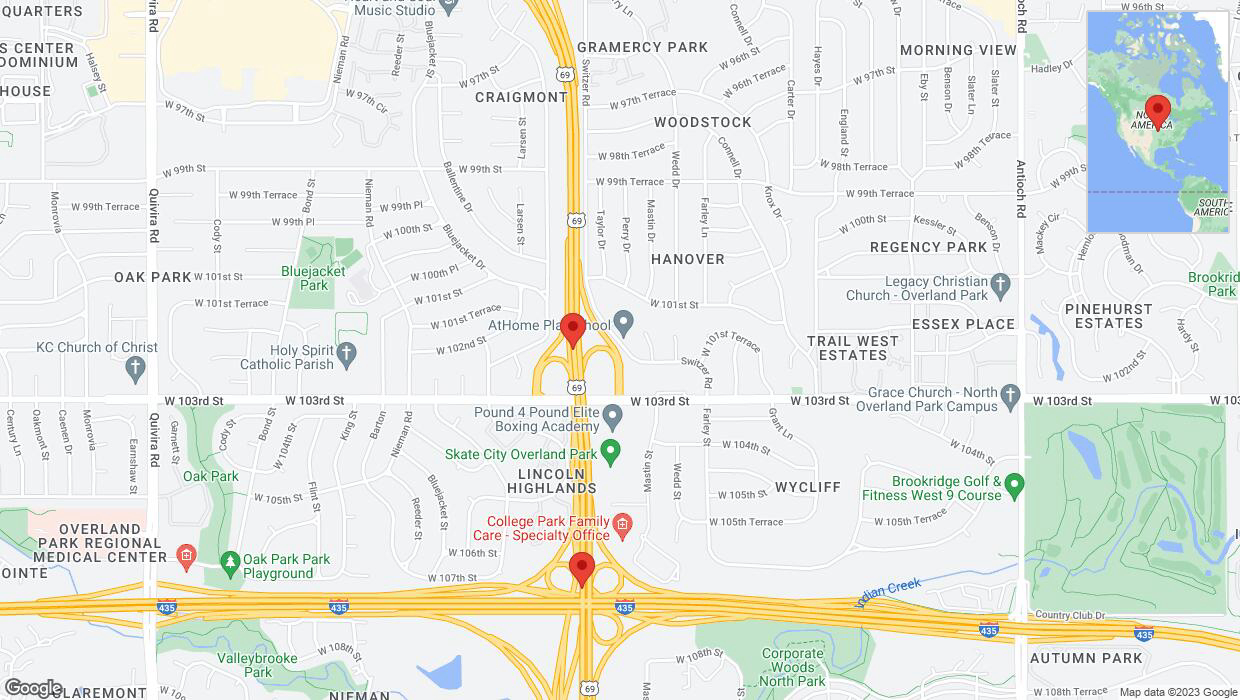A detailed map that shows the affected road due to 'Lane on US-69 closed in Overland Park' on October 4th at 8:14 p.m.