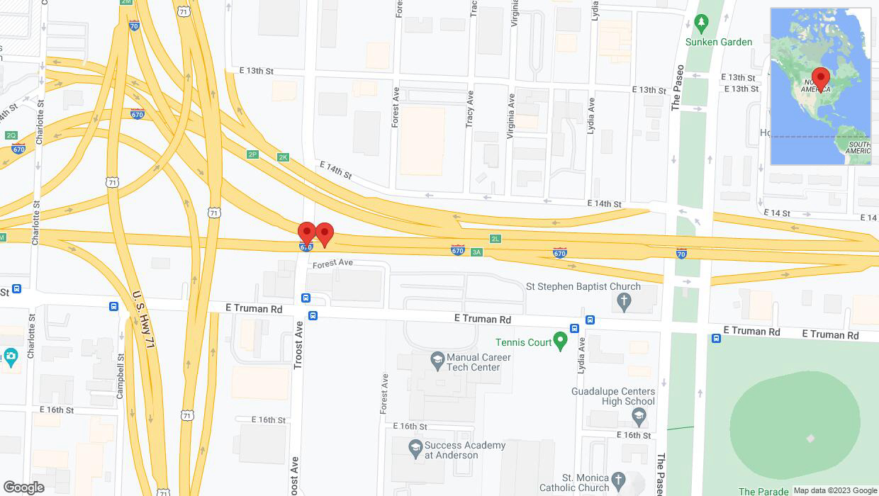 A detailed map that shows the affected road due to 'Warning in Kansas City: Crash reported on eastbound I-670 East' on October 3rd at 12:26 p.m.