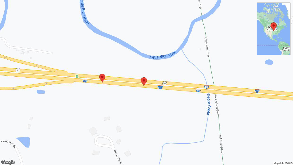 A detailed map that shows the affected road due to 'Broken down vehicle on eastbound I-470 in Lee's Summit' on October 3rd at 1:08 p.m.