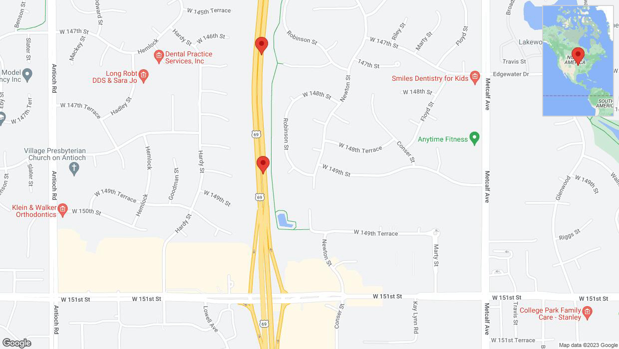 A detailed map that shows the affected road due to 'Broken down vehicle on northbound US-69 in Overland Park' on October 3rd at 2:14 p.m.