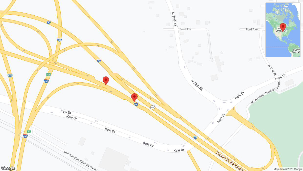 A detailed map that shows the affected road due to 'Broken down vehicle on eastbound I-70 in Kansas City' on October 3rd at 3:38 p.m.