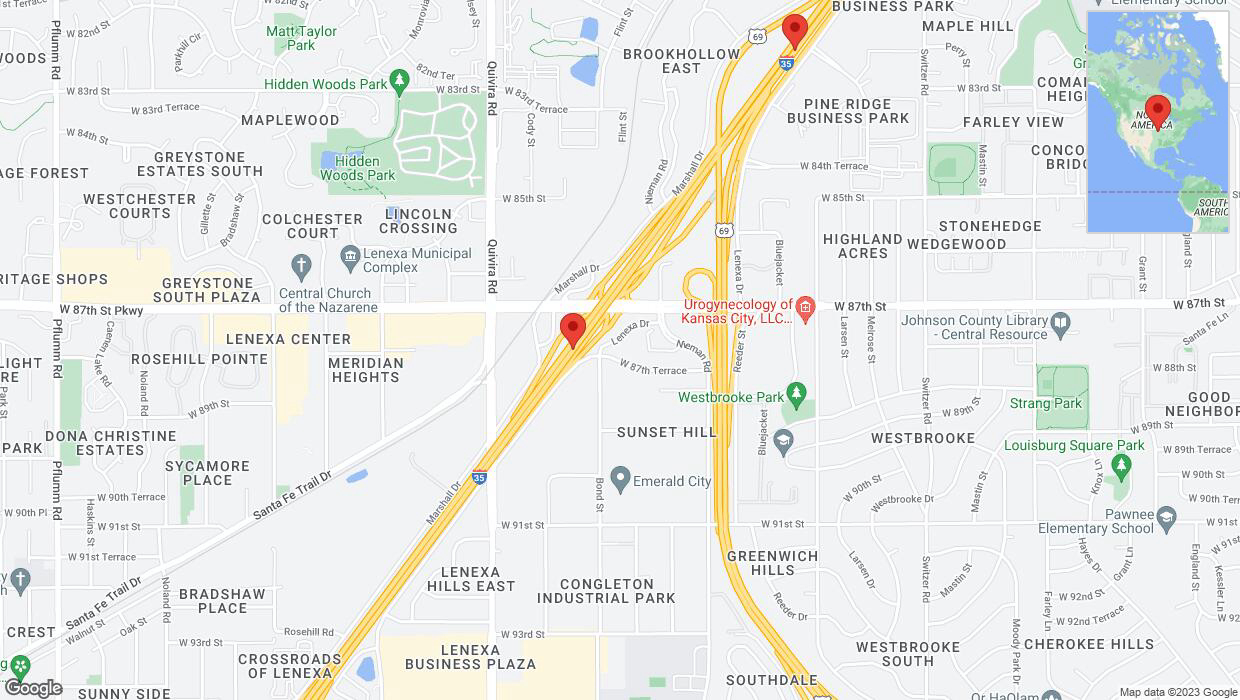 A detailed map that shows the affected road due to 'Warning in Overland Park: Crash reported on eastbound I-35' on October 3rd at 3:44 p.m.