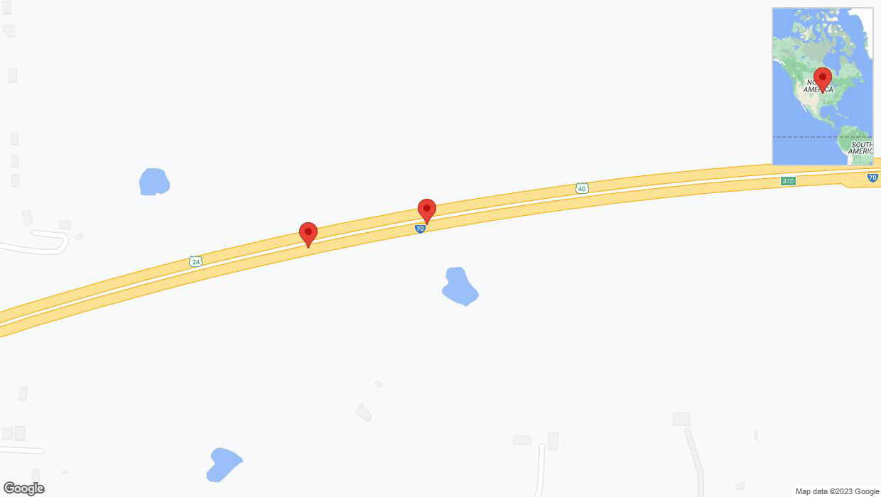 A detailed map that shows the affected road due to 'Broken down vehicle on eastbound I-70 in Bonner Springs' on October 3rd at 7:20 p.m.