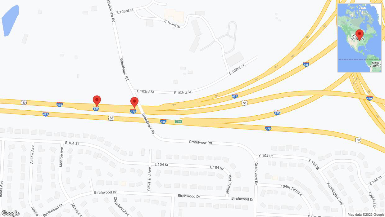 A detailed map that shows the affected road due to 'Broken down vehicle on southbound I-435 in Kansas City' on October 3rd at 6:02 p.m.