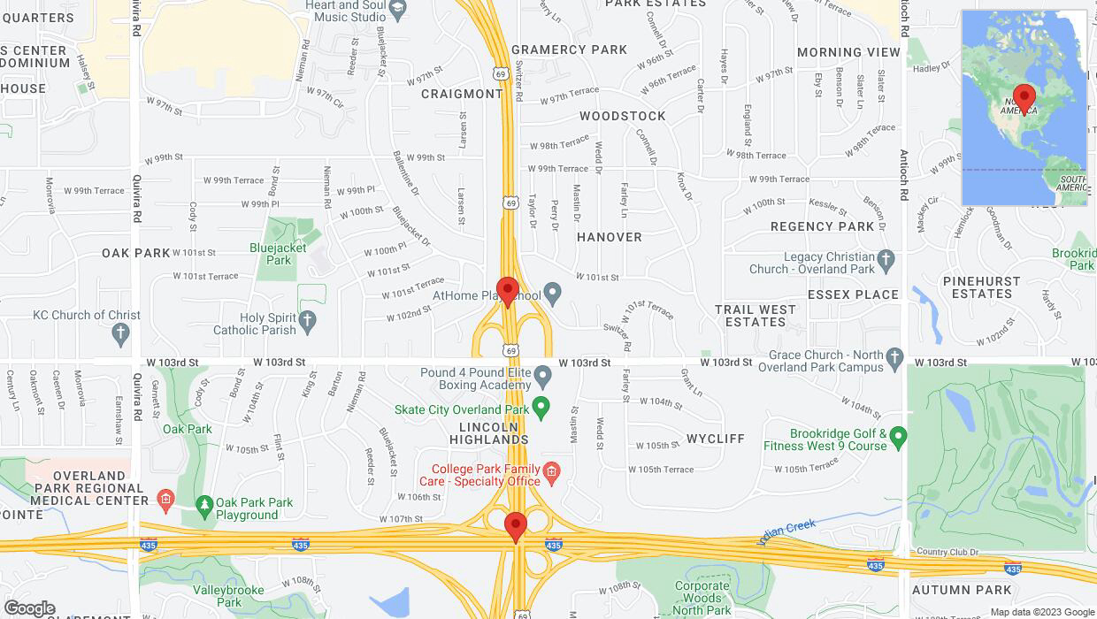 A detailed map that shows the affected road due to 'Lane on US-69 closed in Overland Park' on October 3rd at 11:14 p.m.