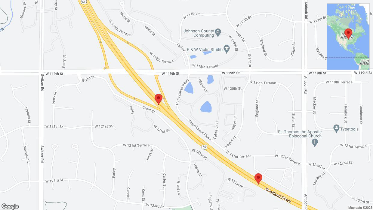 A detailed map that shows the affected road due to 'Lane on US-69 closed in Overland Park' on October 3rd at 6:14 p.m.