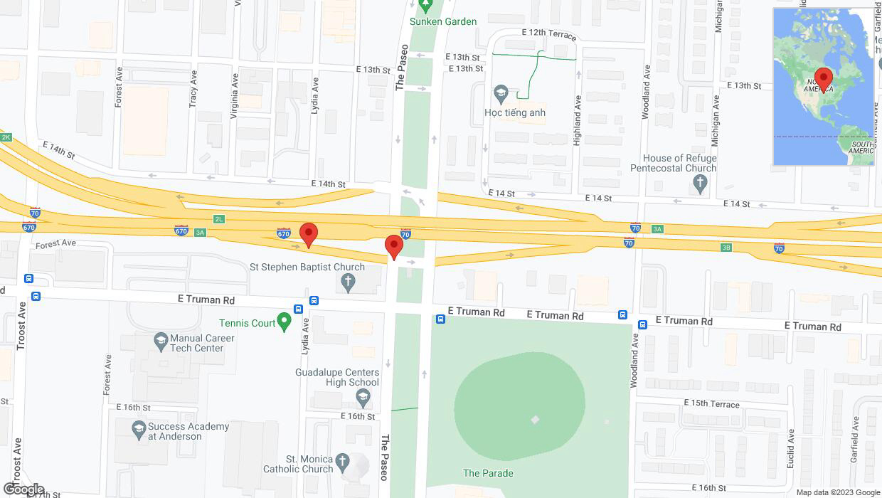 A detailed map that shows the affected road due to 'Warning in Kansas City: Crash reported on East Truman Road' on October 3rd at 6:26 p.m.