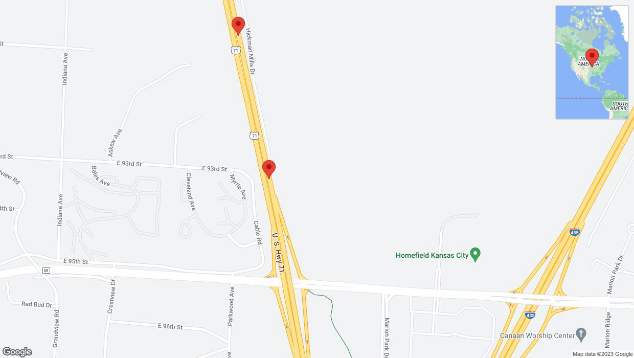 A detailed map that shows the affected road due to 'Broken down vehicle on northbound I-40/US-71 in Kansas City' on October 4th at 8:14 p.m.
