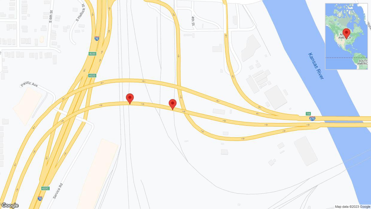 A detailed map that shows the affected road due to 'Broken down vehicle on eastbound I-670 in Kansas City' on October 4th at 2:14 p.m.