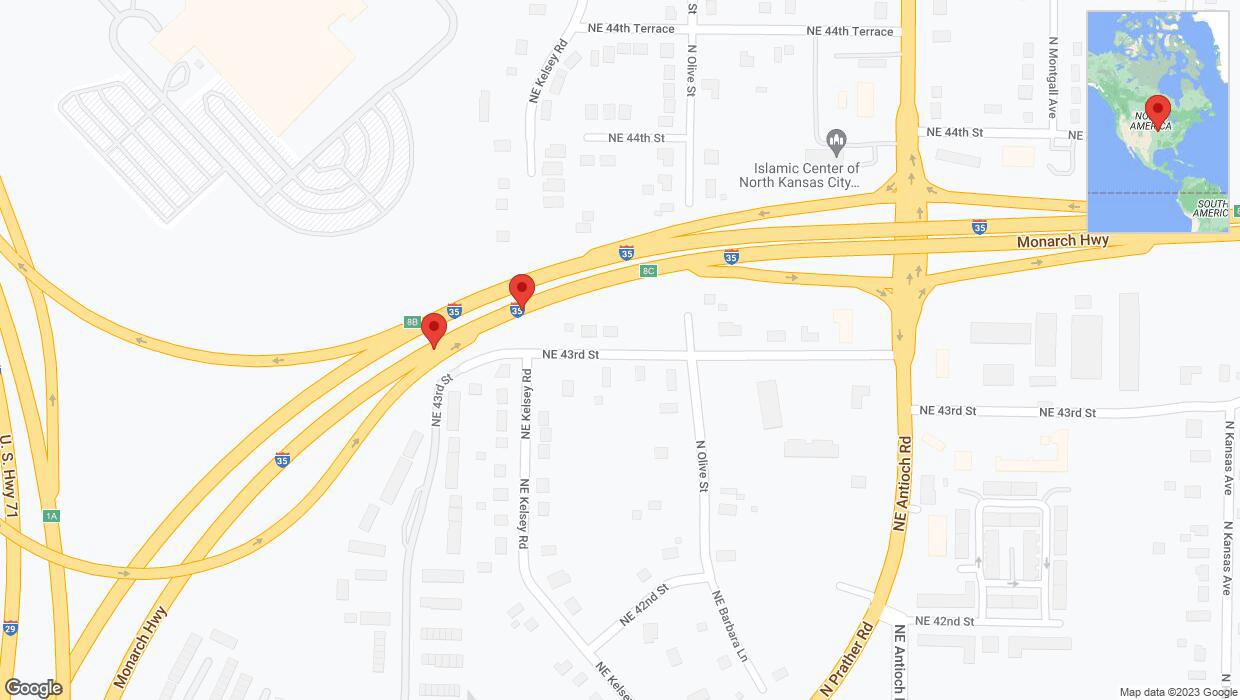 A detailed map that shows the affected road due to 'Broken down vehicle on northbound I-35 North in Kansas City' on October 4th at 1:32 p.m.