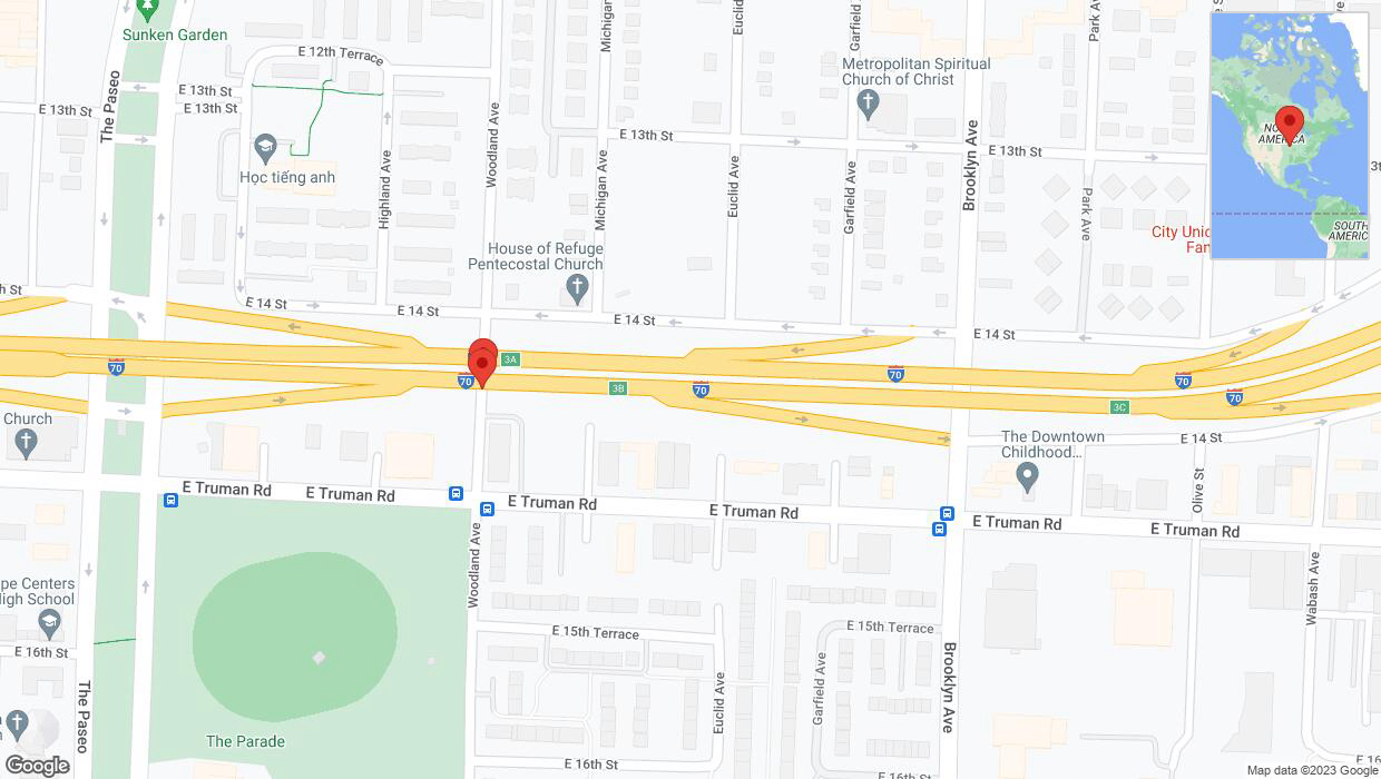 A detailed map that shows the affected road due to 'Broken down vehicle on East Truman Road in Kansas City' on October 4th at 2:44 p.m.