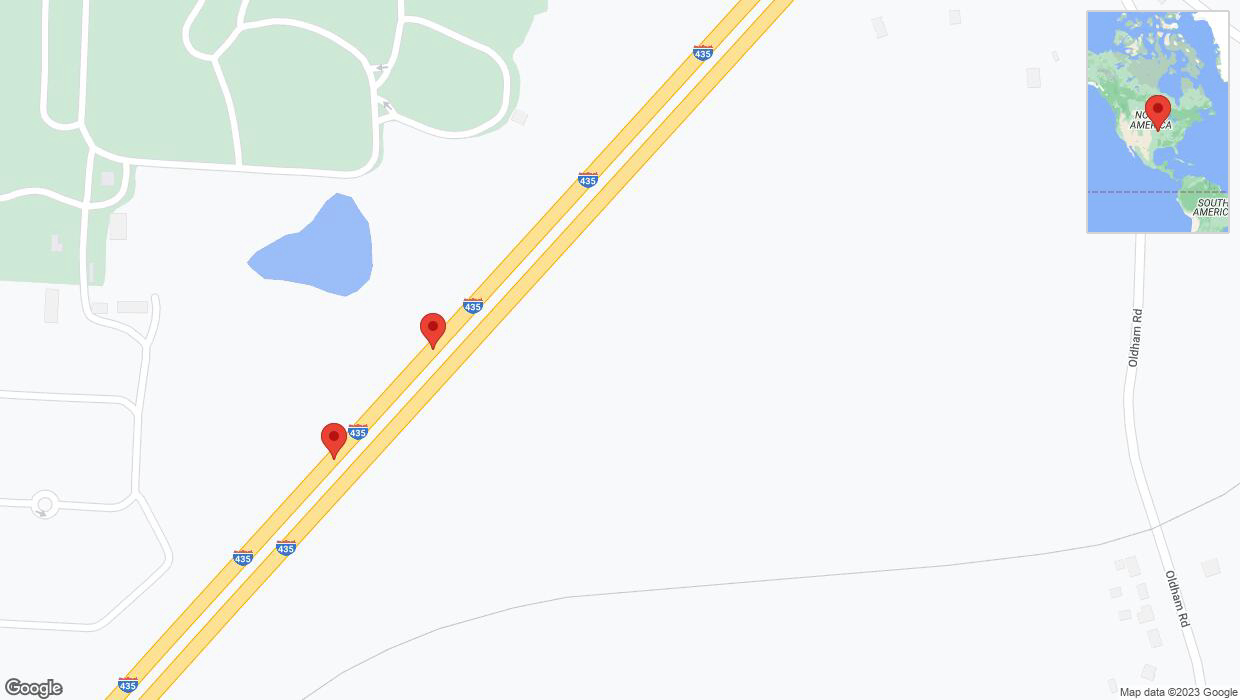 A detailed map that shows the affected road due to 'Broken down vehicle on southbound I-435 in Kansas City' on October 4th at 4:02 p.m.