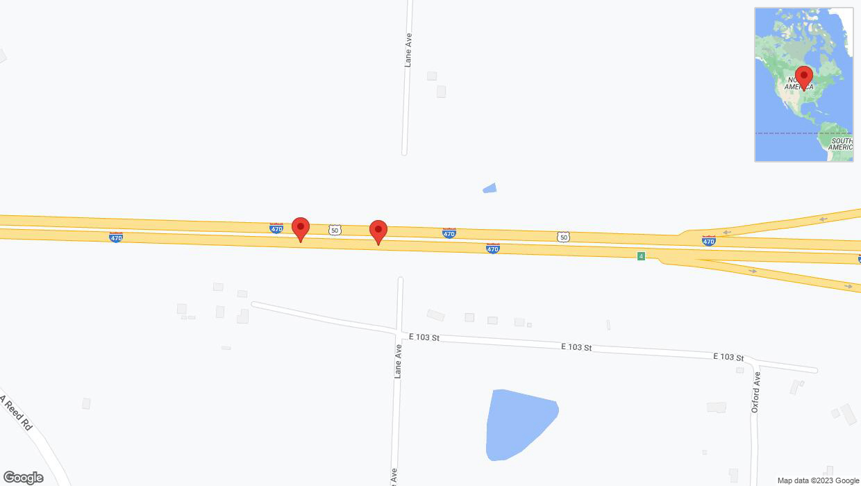 A detailed map that shows the affected road due to 'Broken down vehicle on eastbound I-470 in Kansas City' on October 4th at 4:50 p.m.