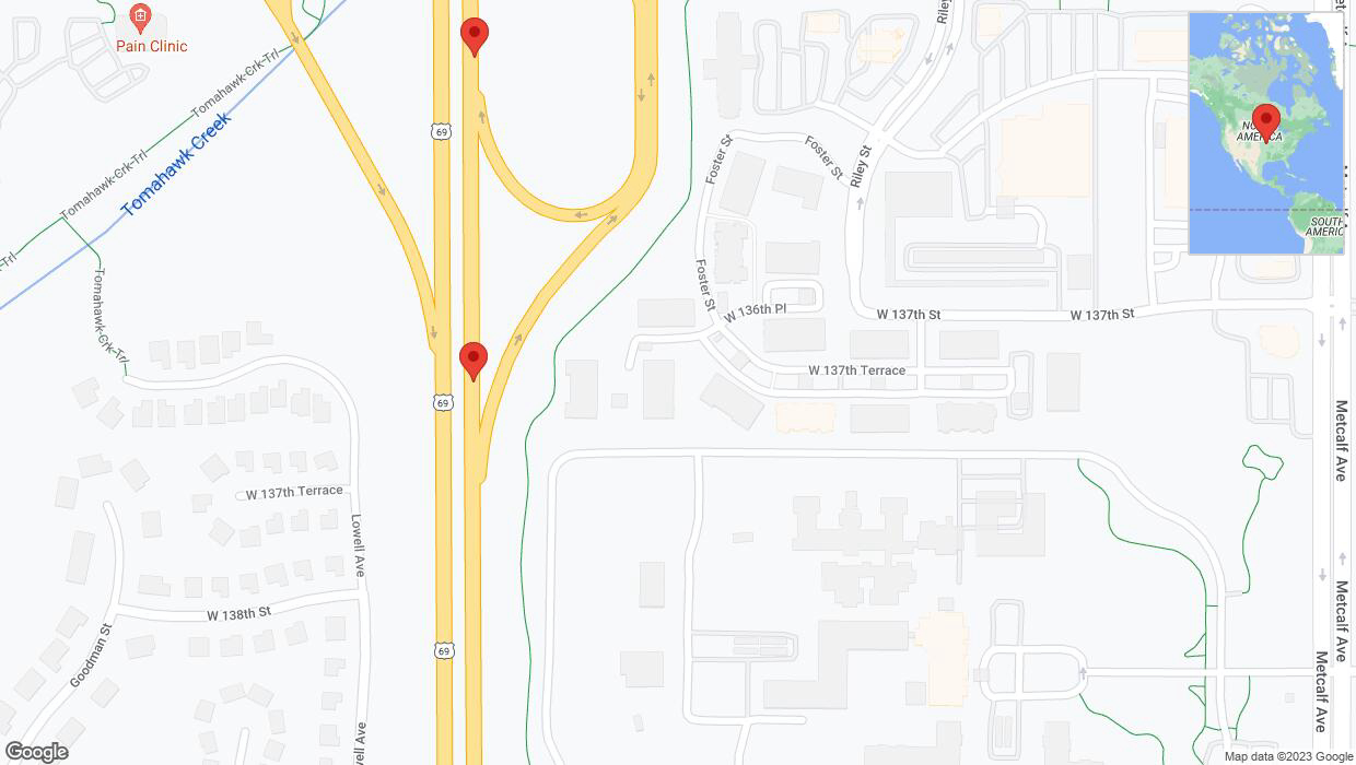 A detailed map that shows the affected road due to 'Broken down vehicle on northbound US-69 in Overland Park' on October 4th at 5:02 p.m.