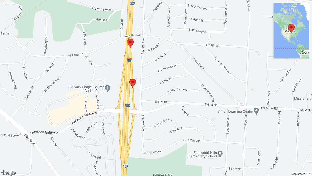 A detailed map that shows the affected road due to 'Broken down vehicle on Eastern Avenue in Kansas City' on October 4th at 6:44 p.m.
