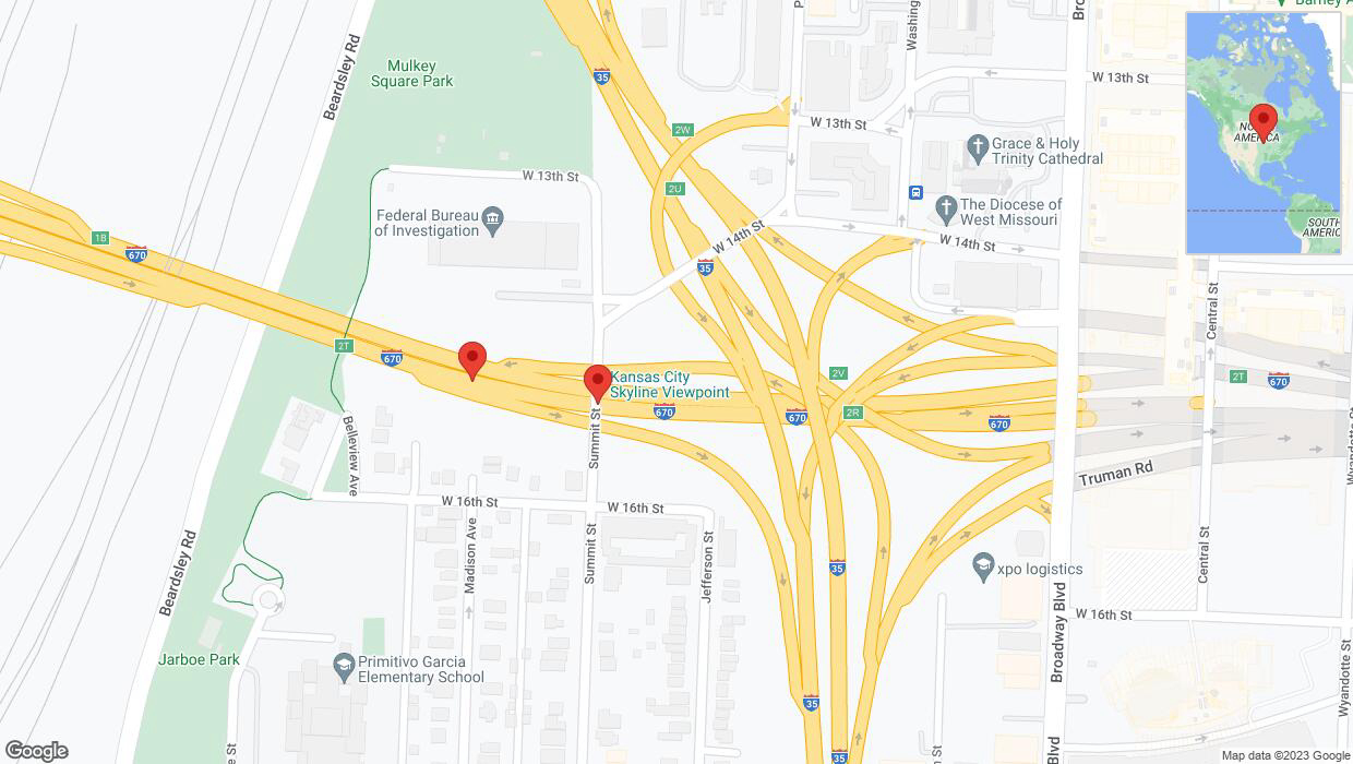 A detailed map that shows the affected road due to 'Broken down vehicle on eastbound I-670 in Kansas City' on October 4th at 9:08 p.m.