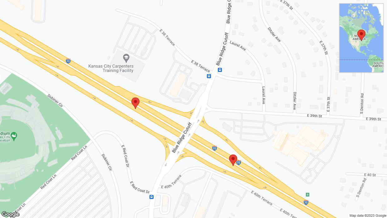 A detailed map that shows the affected road due to 'Broken down vehicle on eastbound I-70 in Kansas City' on October 4th at 10:50 p.m.